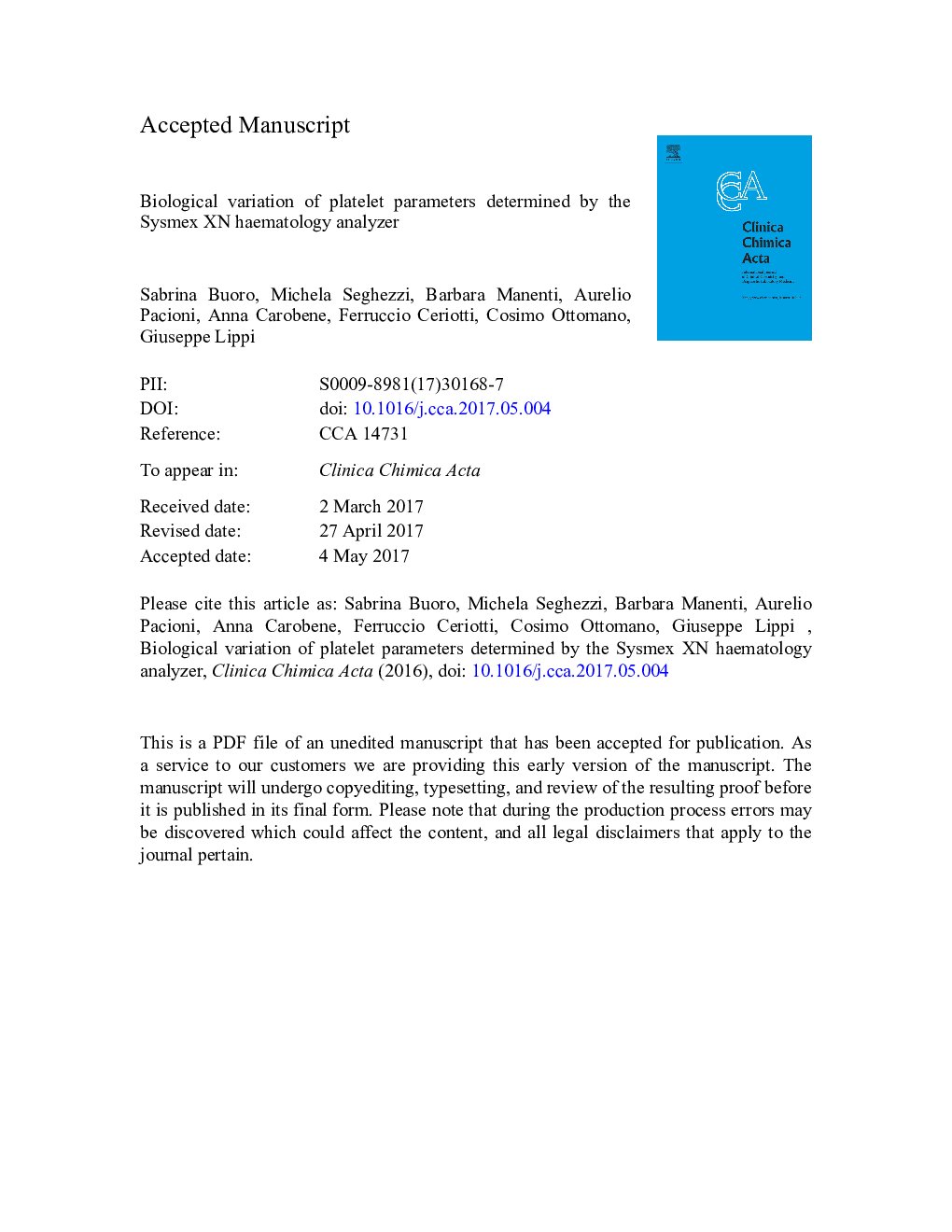 Biological variation of platelet parameters determined by the Sysmex XN hematology analyzer