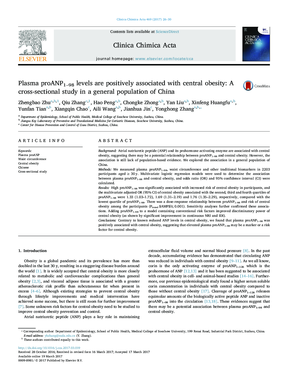 Plasma proANP1-98 levels are positively associated with central obesity: A cross-sectional study in a general population of China