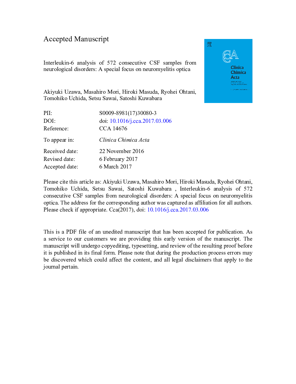 Interleukin-6 analysis of 572 consecutive CSF samples from neurological disorders: A special focus on neuromyelitis optica