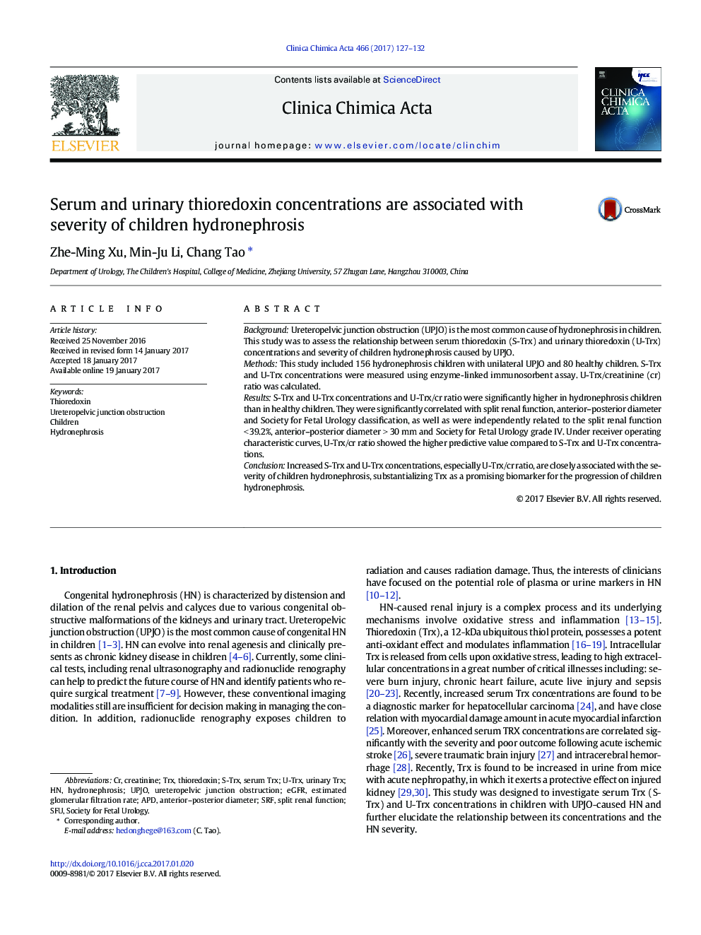 Serum and urinary thioredoxin concentrations are associated with severity of children hydronephrosis