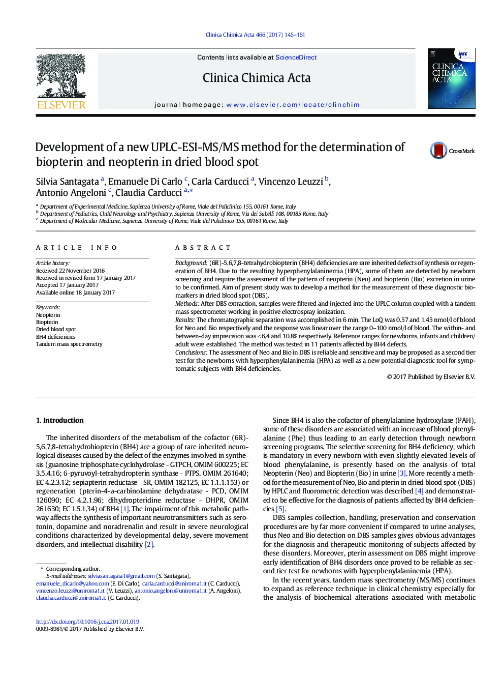 Development of a new UPLC-ESI-MS/MS method for the determination of biopterin and neopterin in dried blood spot