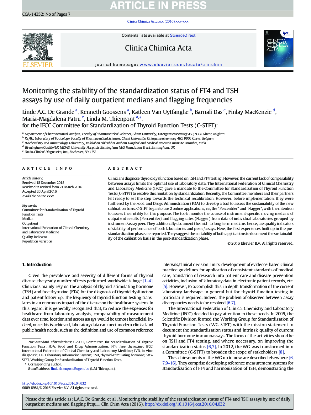 Monitoring the stability of the standardization status of FT4 and TSH assays by use of daily outpatient medians and flagging frequencies