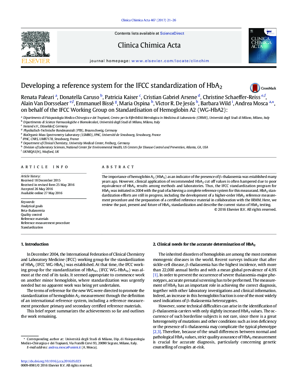 Developing a reference system for the IFCC standardization of HbA2