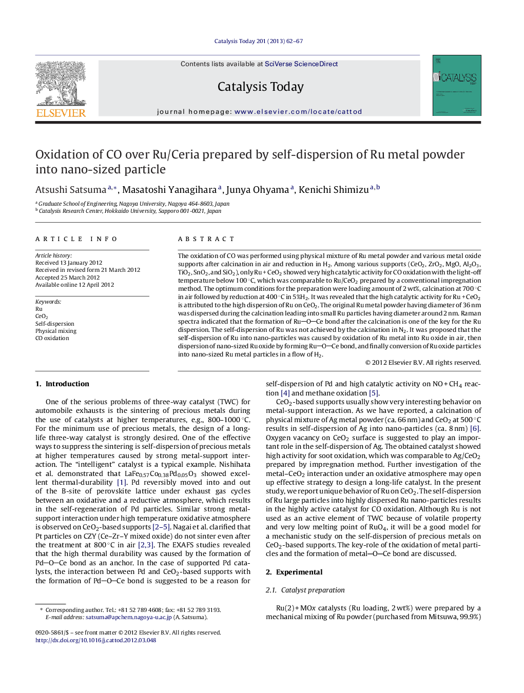 Oxidation of CO over Ru/Ceria prepared by self-dispersion of Ru metal powder into nano-sized particle