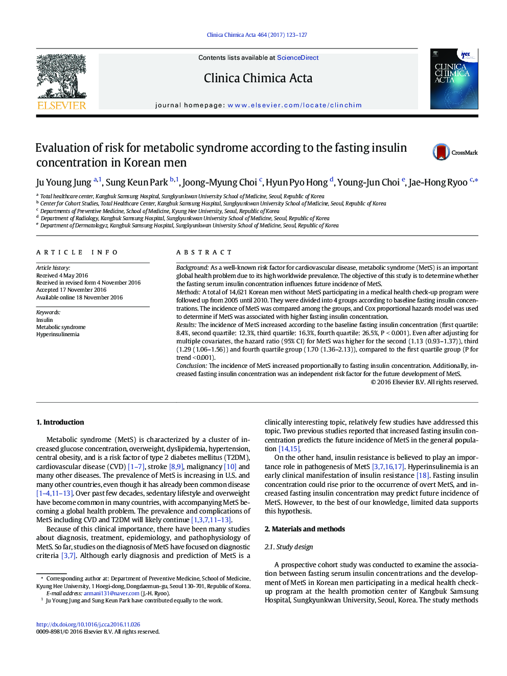 Evaluation of risk for metabolic syndrome according to the fasting insulin concentration in Korean men