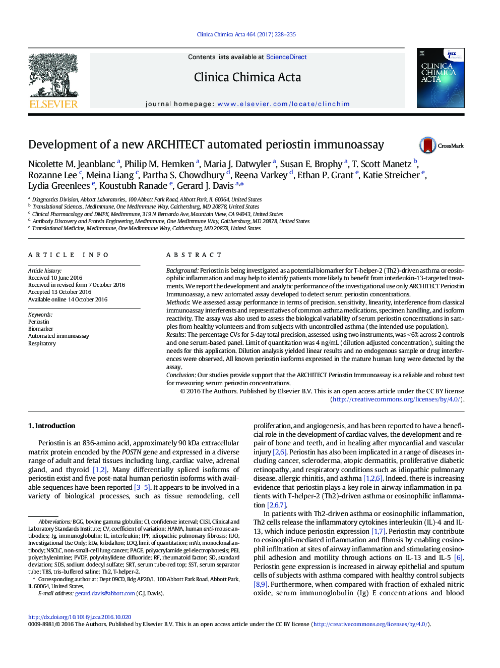 Development of a new ARCHITECT automated periostin immunoassay