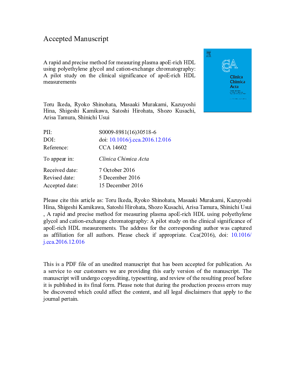 A rapid and precise method for measuring plasma apoE-rich HDL using polyethylene glycol and cation-exchange chromatography: a pilot study on the clinical significance of apoE-rich HDL measurements