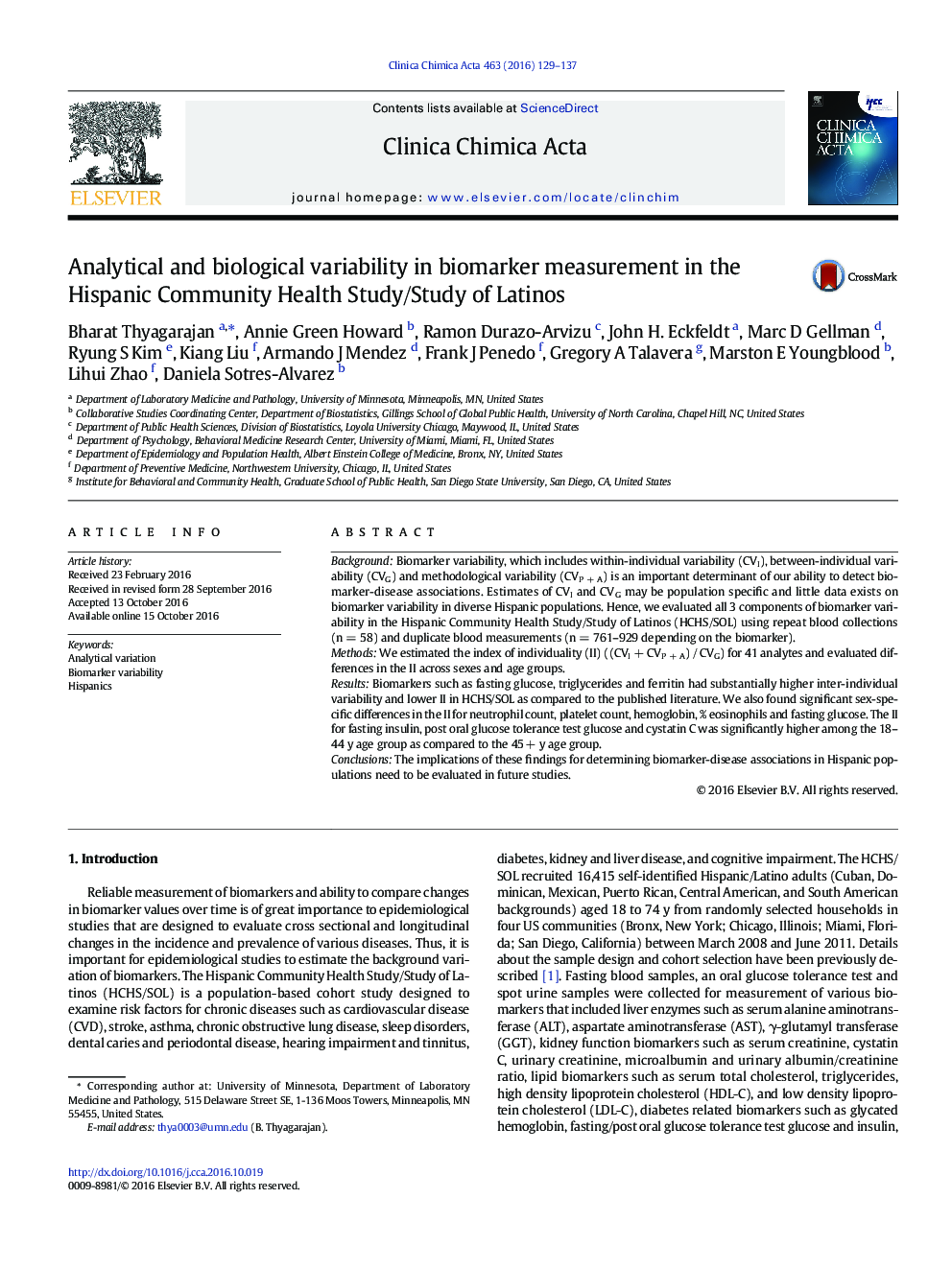 Analytical and biological variability in biomarker measurement in the Hispanic Community Health Study/Study of Latinos