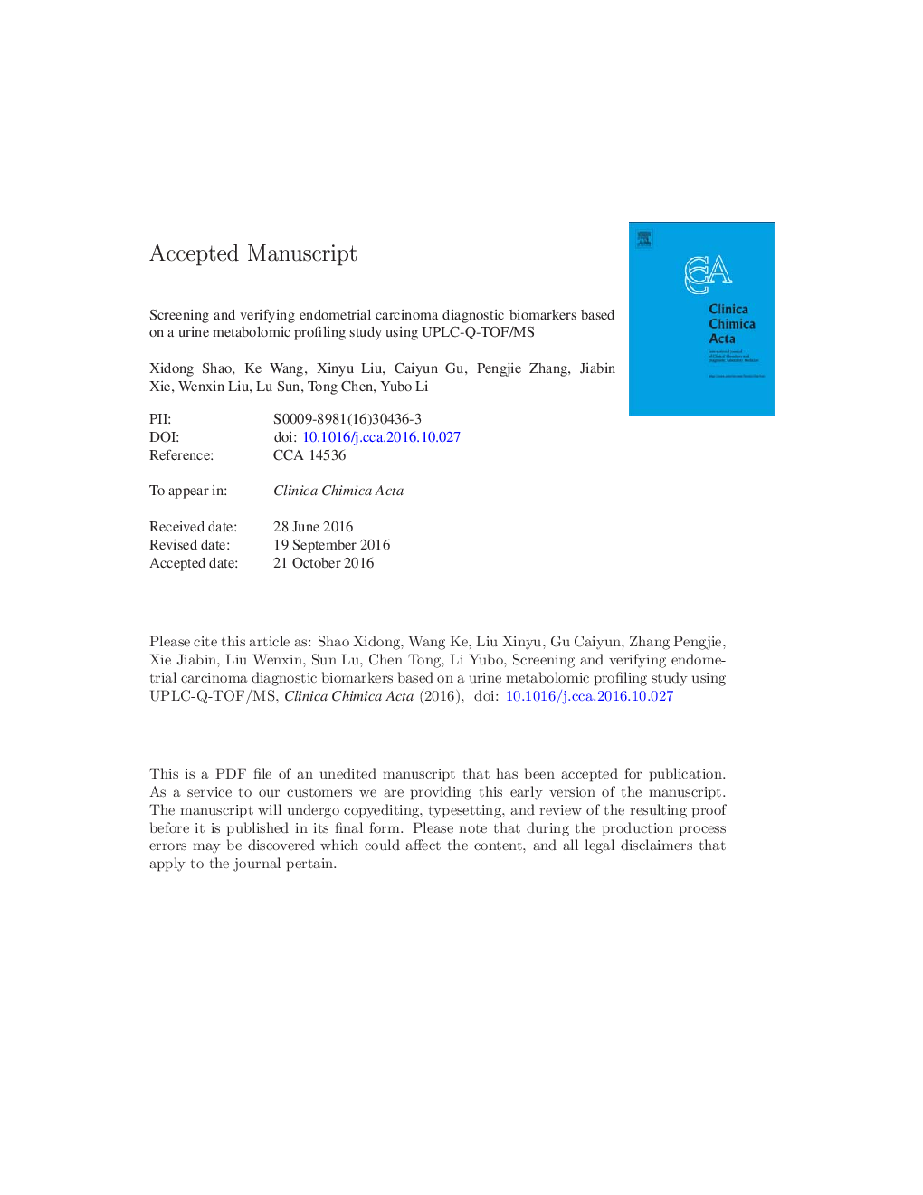 Screening and verifying endometrial carcinoma diagnostic biomarkers based on a urine metabolomic profiling study using UPLC-Q-TOF/MS