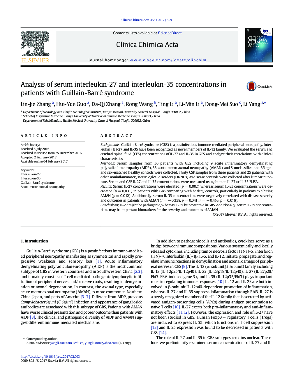 Analysis of serum interleukin-27 and interleukin-35 concentrations in patients with Guillain-Barré syndrome