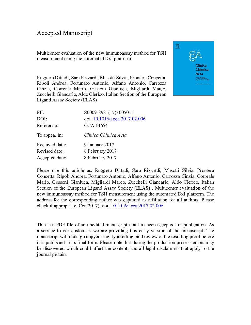 Multicenter evaluation of the new immunoassay method for TSH measurement using the automated DxI platform