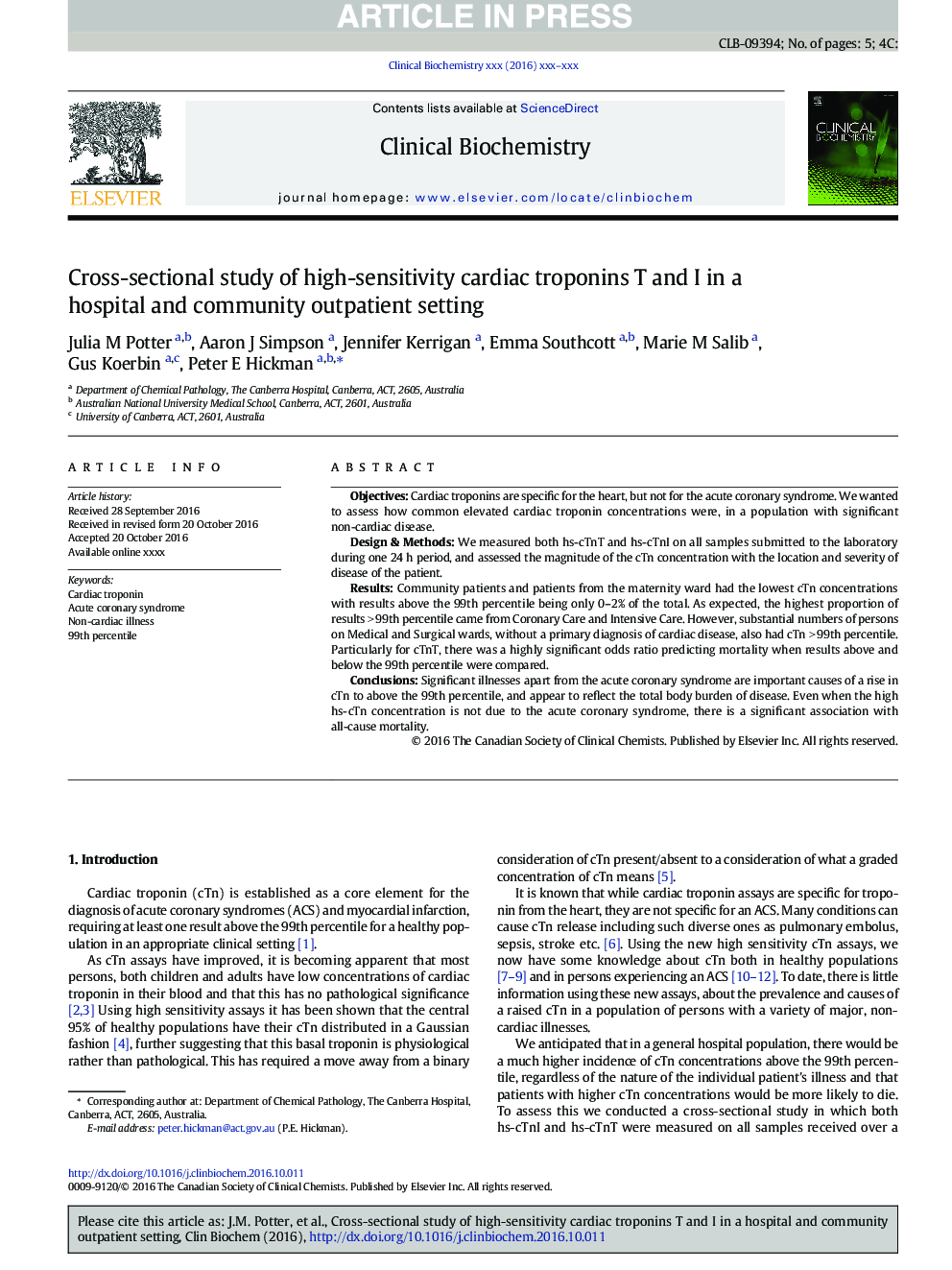 Cross-sectional study of high-sensitivity cardiac troponins T and I in a hospital and community outpatient setting