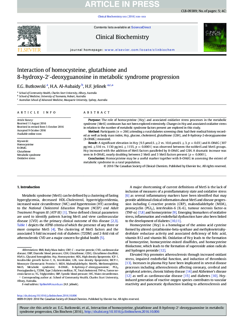 Interaction of homocysteine, glutathione and 8-hydroxy-2â²-deoxyguanosine in metabolic syndrome progression