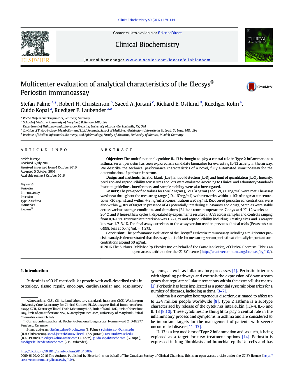 Multicenter evaluation of analytical characteristics of the Elecsys® Periostin immunoassay