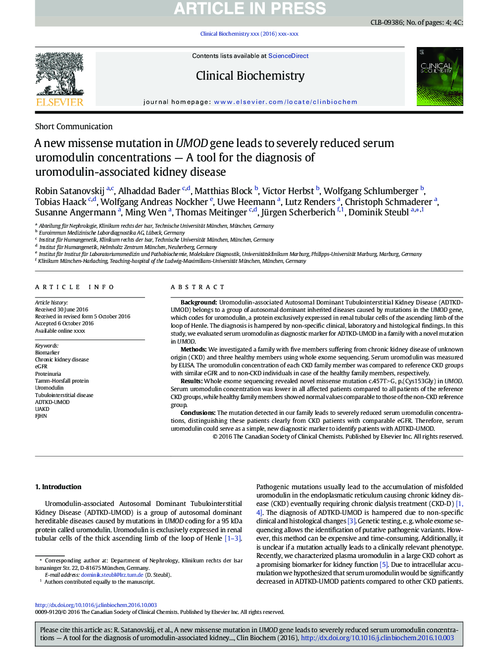 A new missense mutation in UMOD gene leads to severely reduced serum uromodulin concentrations - A tool for the diagnosis of uromodulin-associated kidney disease