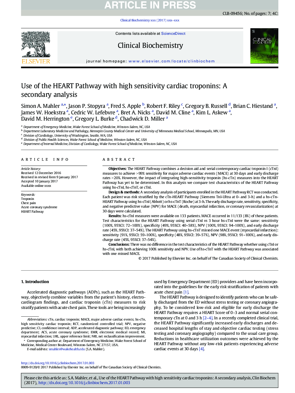 Use of the HEART Pathway with high sensitivity cardiac troponins: A secondary analysis