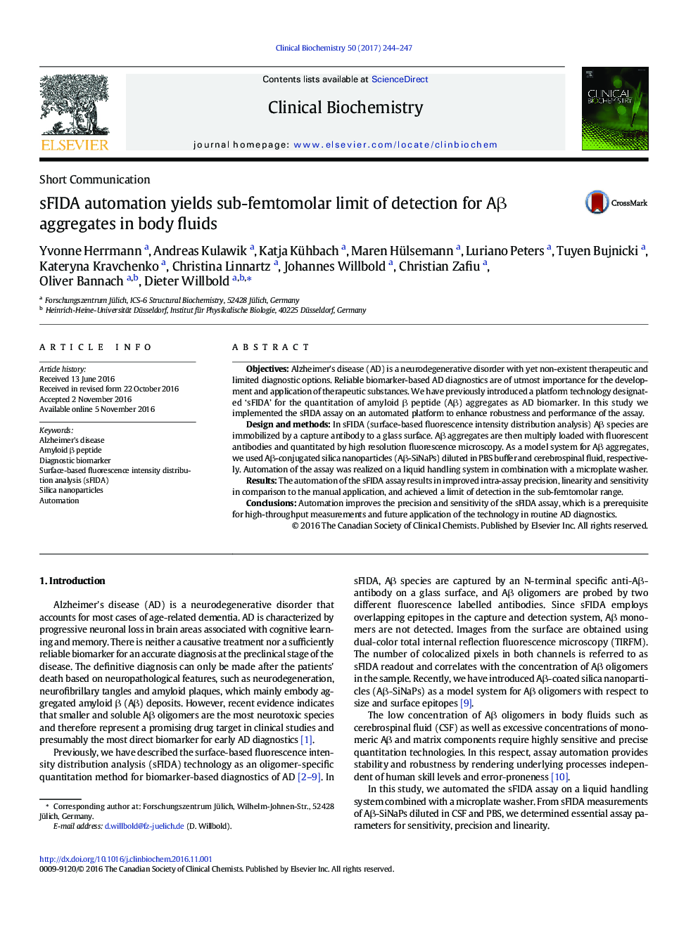 Short CommunicationsFIDA automation yields sub-femtomolar limit of detection for AÎ² aggregates in body fluids
