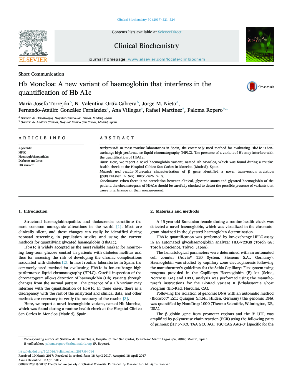 Hb Moncloa: A new variant of haemoglobin that interferes in the quantification of Hb A1c