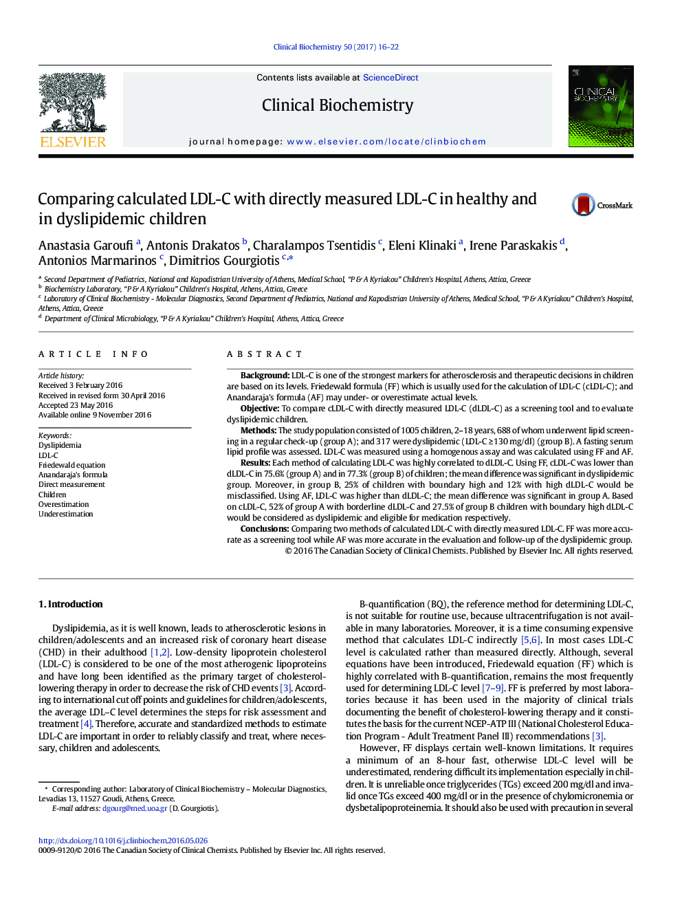 Comparing calculated LDL-C with directly measured LDL-C in healthy and in dyslipidemic children