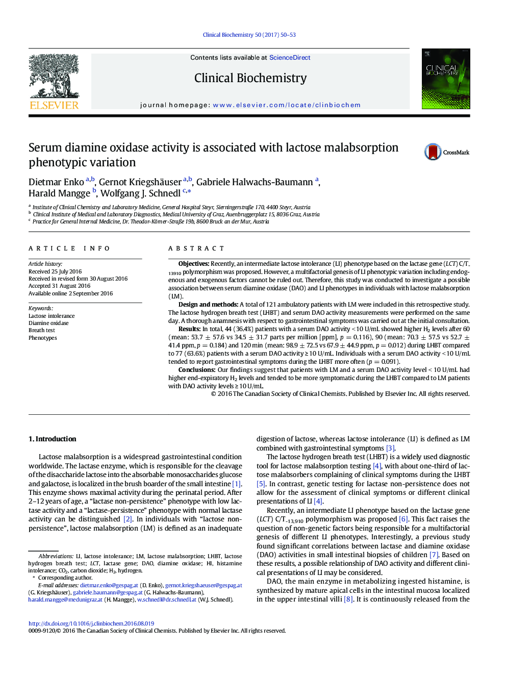 Serum diamine oxidase activity is associated with lactose malabsorption phenotypic variation