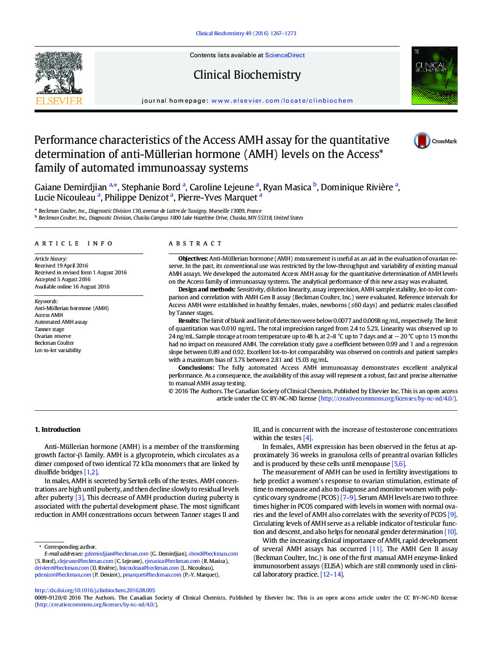 Performance characteristics of the Access AMH assay for the quantitative determination of anti-Müllerian hormone (AMH) levels on the Access* family of automated immunoassay systems