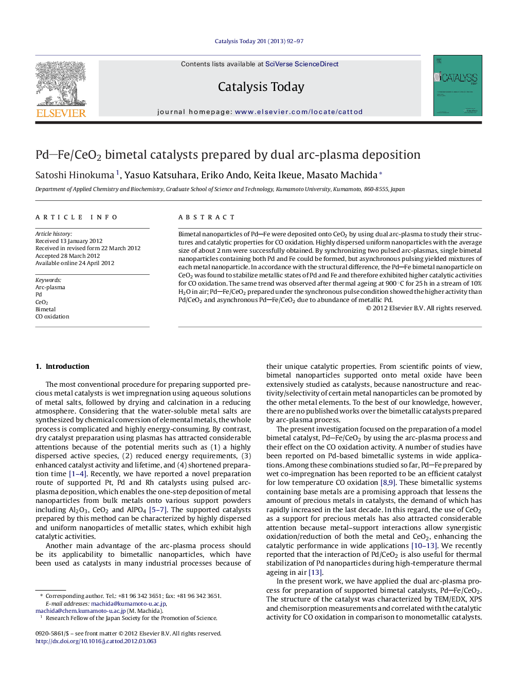 PdFe/CeO2 bimetal catalysts prepared by dual arc-plasma deposition