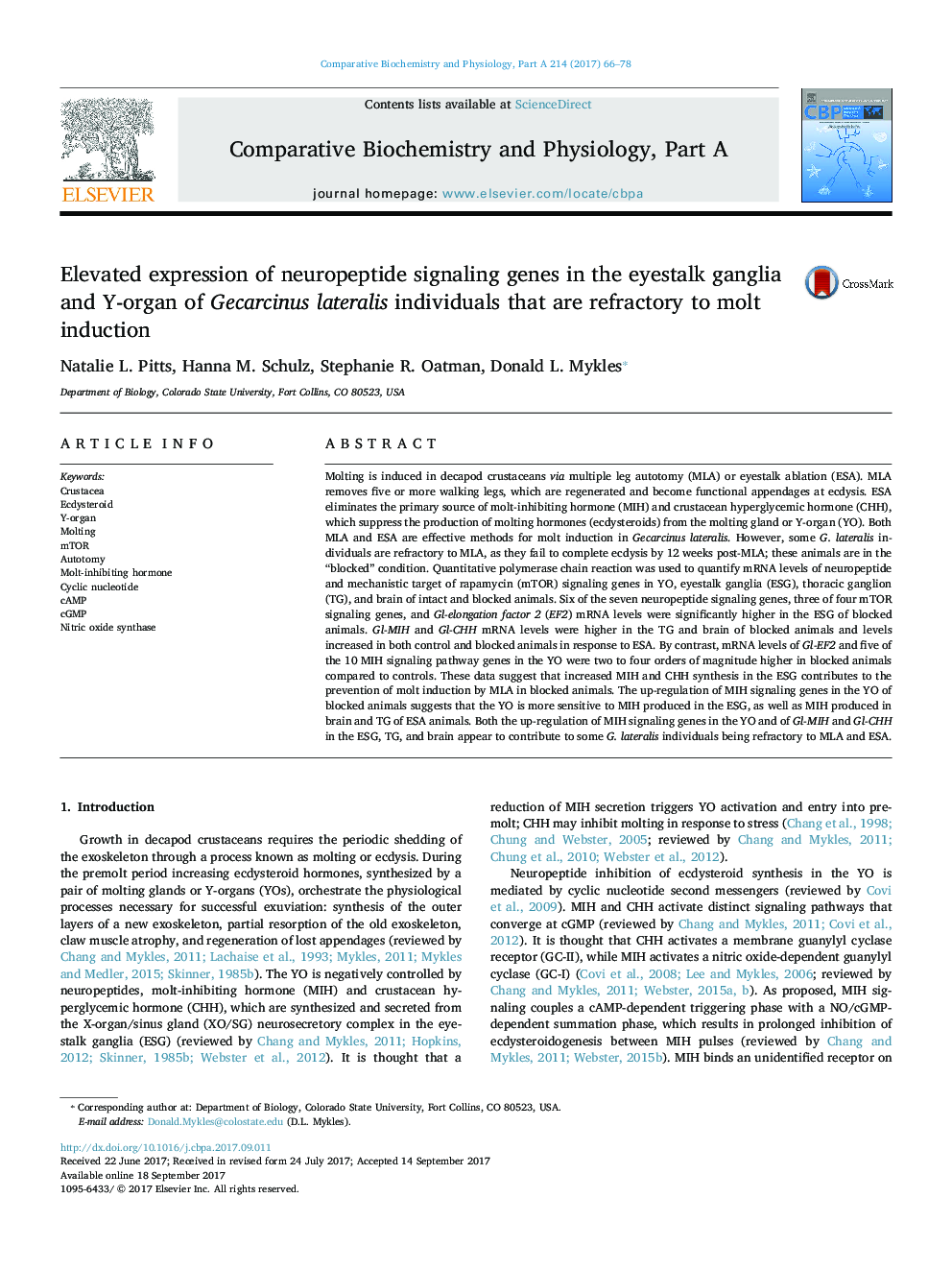 Elevated expression of neuropeptide signaling genes in the eyestalk ganglia and Y-organ of Gecarcinus lateralis individuals that are refractory to molt induction