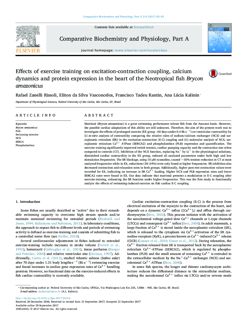 Effects of exercise training on excitation-contraction coupling, calcium dynamics and protein expression in the heart of the Neotropical fish Brycon amazonicus