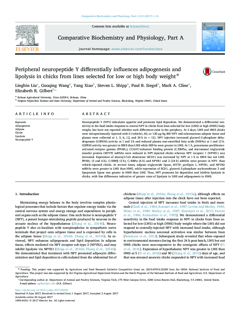 Peripheral neuropeptide Y differentially influences adipogenesis and lipolysis in chicks from lines selected for low or high body weight