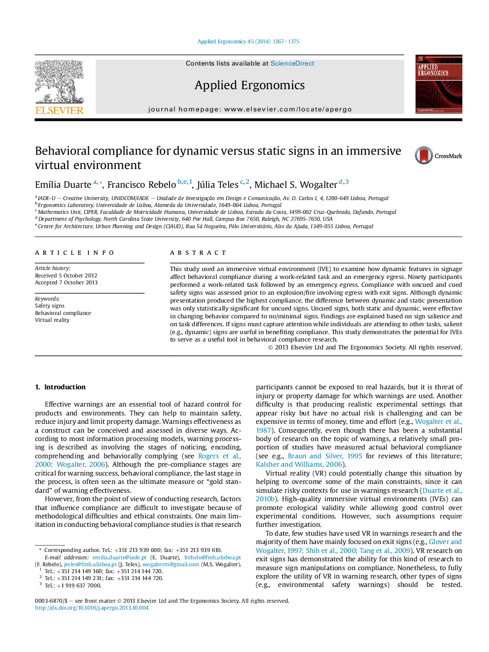 Behavioral compliance for dynamic versus static signs in an immersive virtual environment