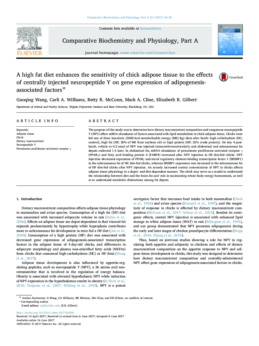 A high fat diet enhances the sensitivity of chick adipose tissue to the effects of centrally injected neuropeptide Y on gene expression of adipogenesis-associated factors