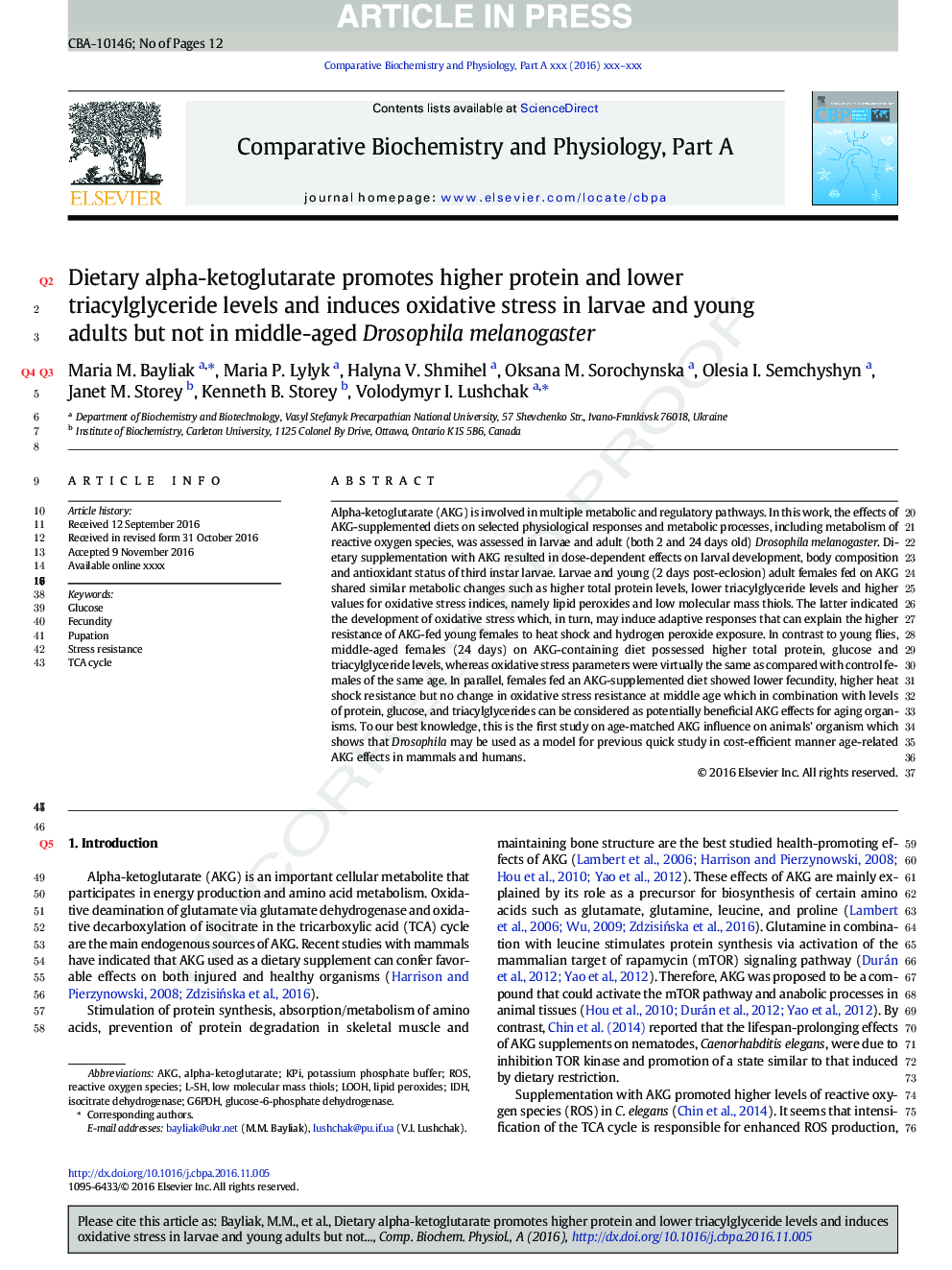 Dietary alpha-ketoglutarate promotes higher protein and lower triacylglyceride levels and induces oxidative stress in larvae and young adults but not in middle-aged Drosophila melanogaster