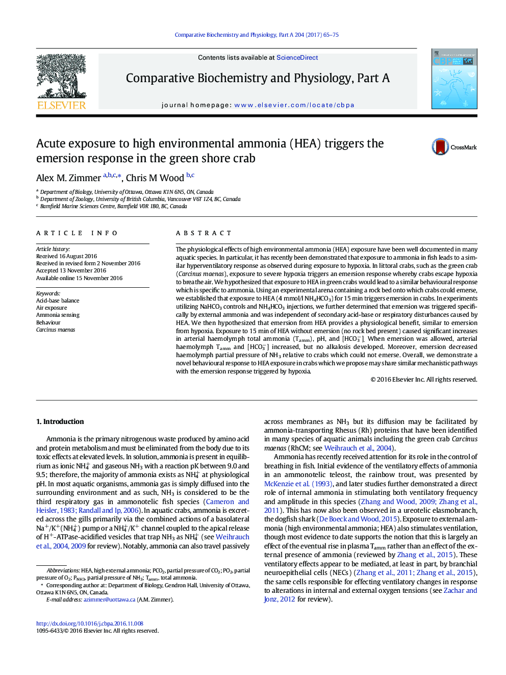 Acute exposure to high environmental ammonia (HEA) triggers the emersion response in the green shore crab