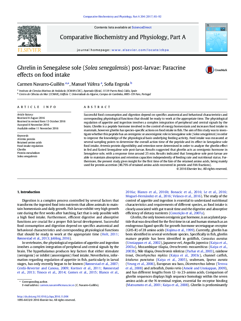 Ghrelin in Senegalese sole (Solea senegalensis) post-larvae: Paracrine effects on food intake