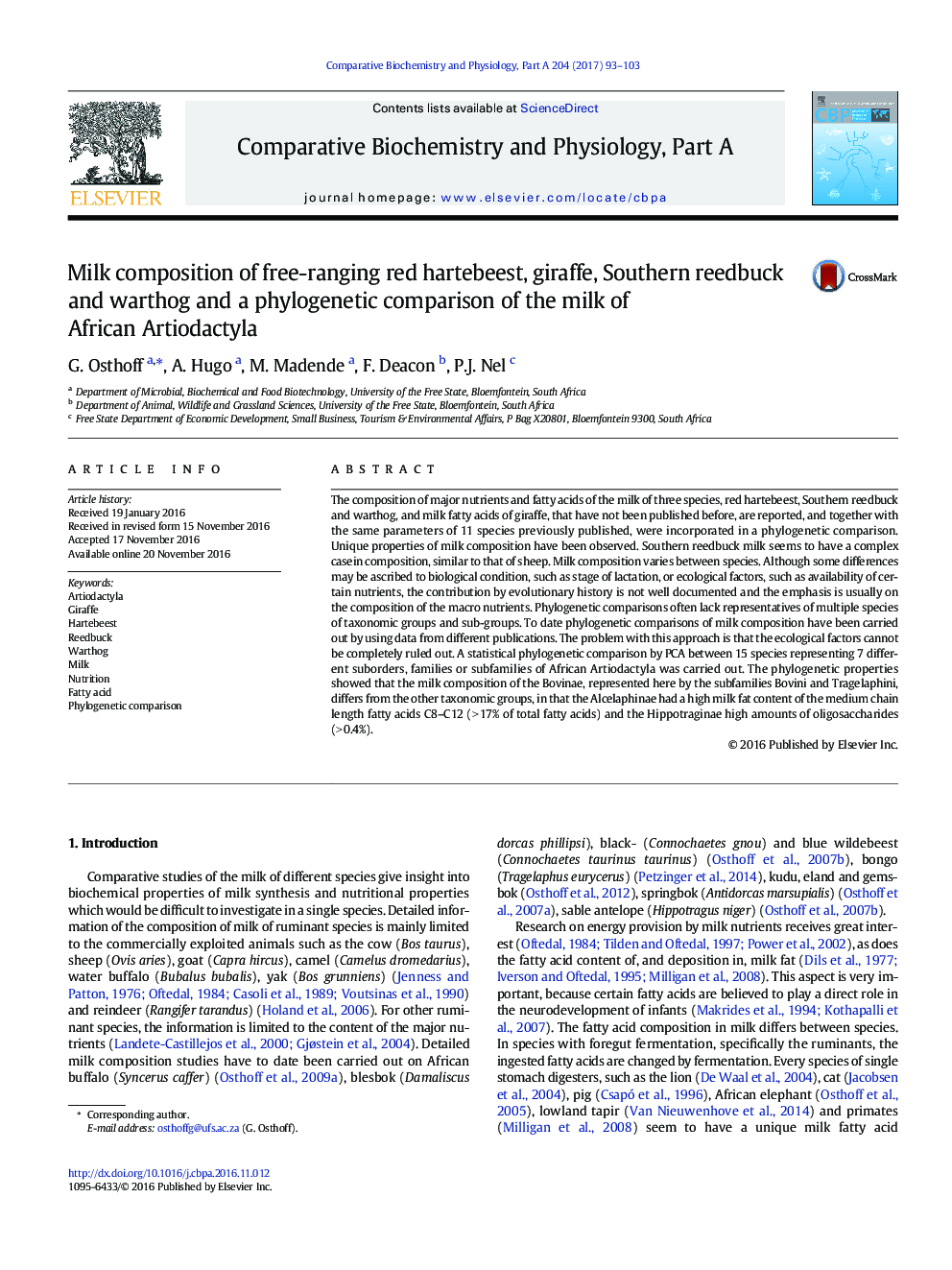 Milk composition of free-ranging red hartebeest, giraffe, Southern reedbuck and warthog and a phylogenetic comparison of the milk of African Artiodactyla