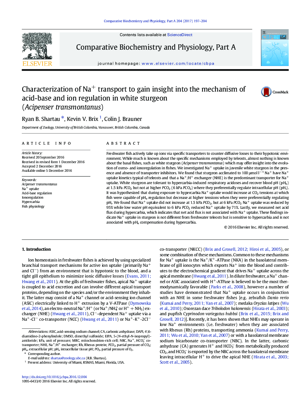Characterization of Na+ transport to gain insight into the mechanism of acid-base and ion regulation in white sturgeon (Acipenser transmontanus)
