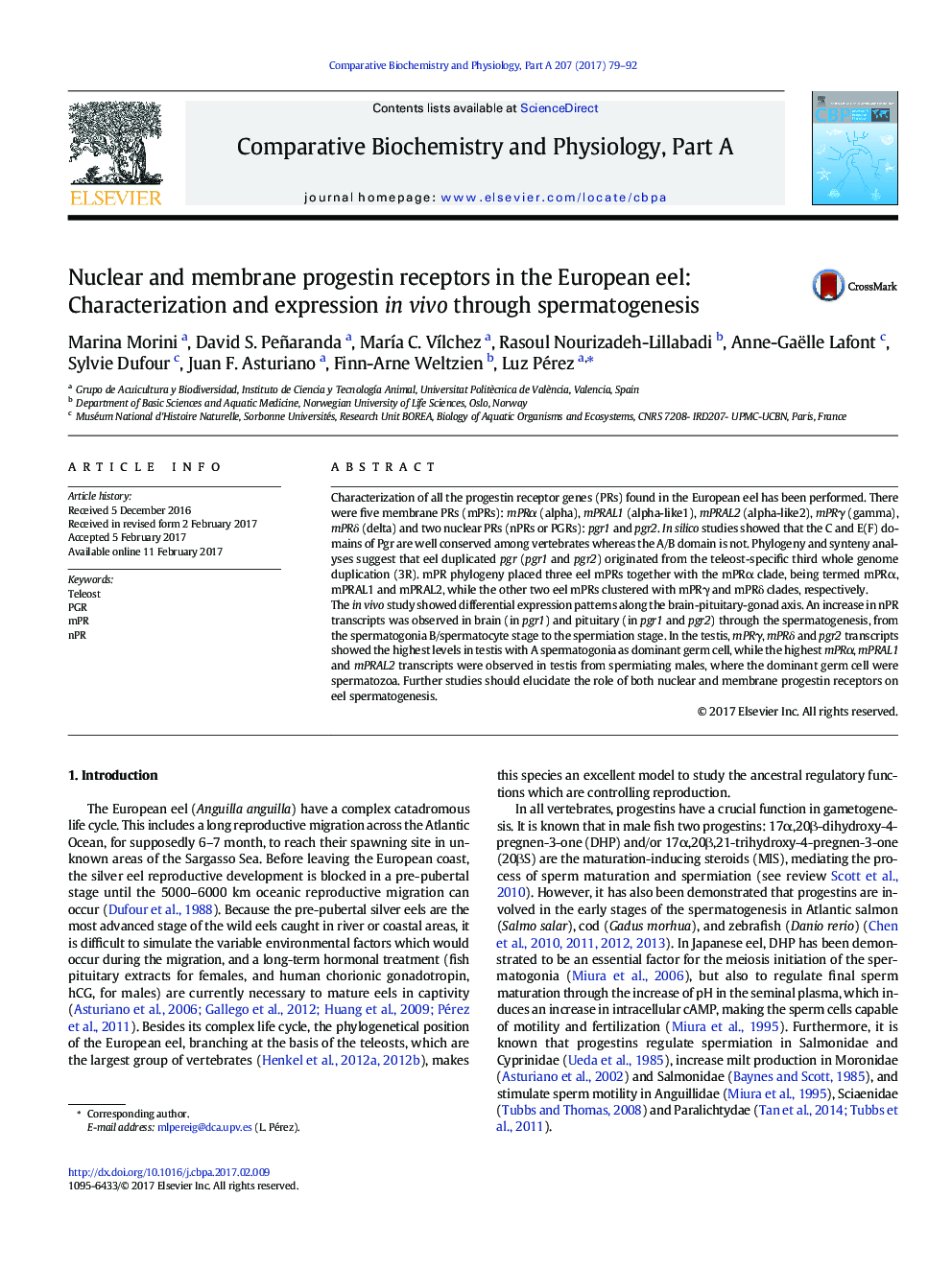 Nuclear and membrane progestin receptors in the European eel: Characterization and expression in vivo through spermatogenesis