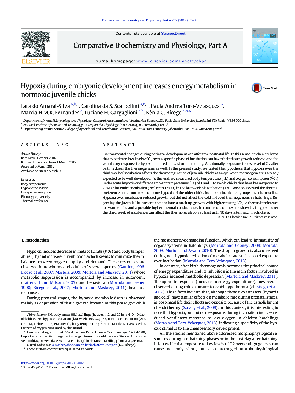 Hypoxia during embryonic development increases energy metabolism in normoxic juvenile chicks