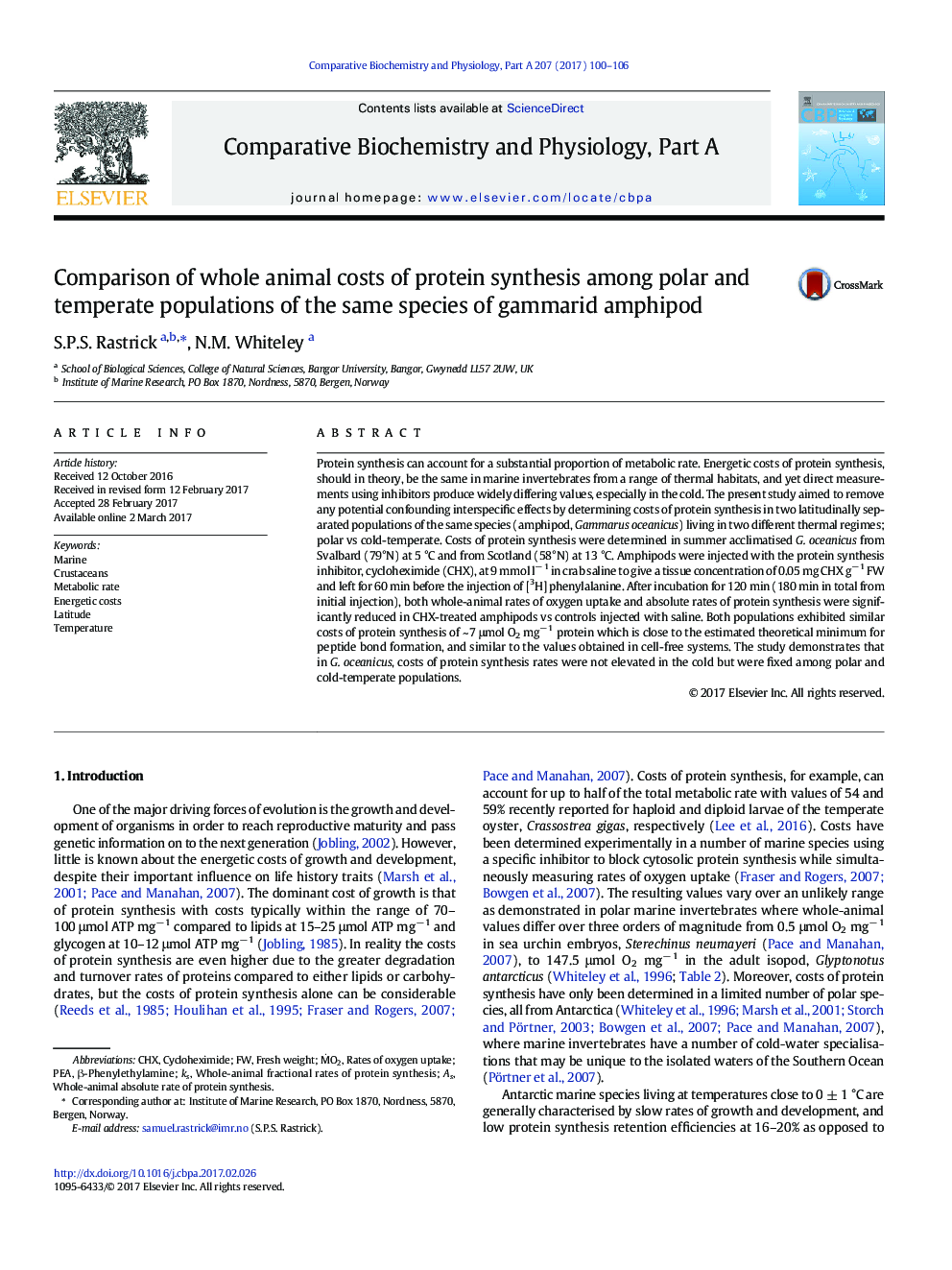 Comparison of whole animal costs of protein synthesis among polar and temperate populations of the same species of gammarid amphipod