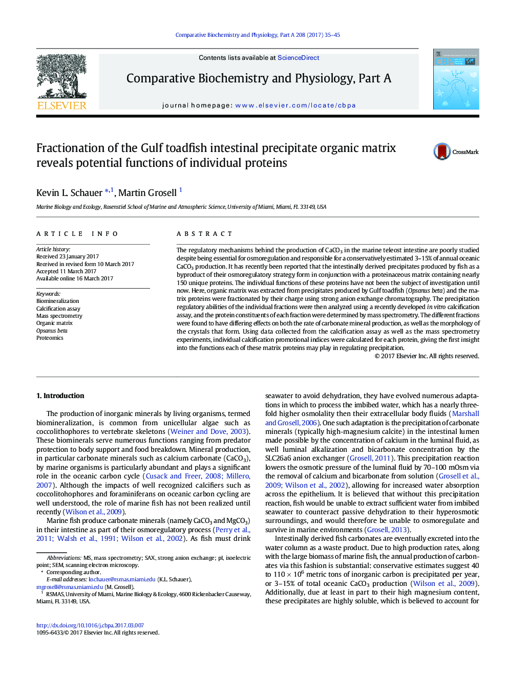 Fractionation of the Gulf toadfish intestinal precipitate organic matrix reveals potential functions of individual proteins