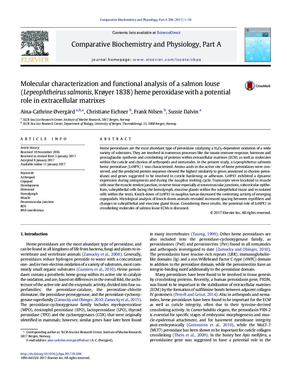 Molecular characterization and functional analysis of a salmon louse (Lepeophtheirus salmonis, KrÃ¸yer 1838) heme peroxidase with a potential role in extracellular matrixes