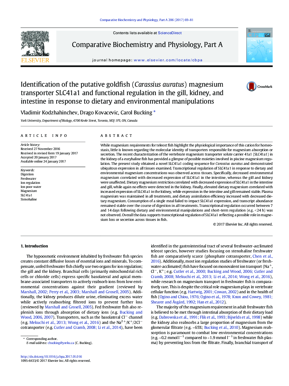 Identification of the putative goldfish (Carassius auratus) magnesium transporter SLC41a1 and functional regulation in the gill, kidney, and intestine in response to dietary and environmental manipulations