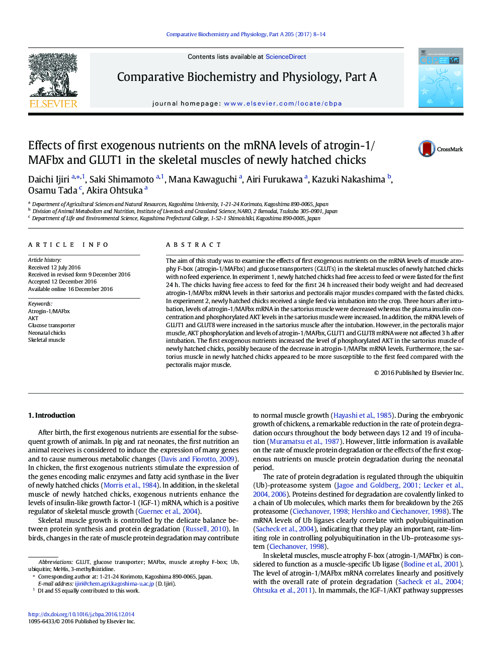 Effects of first exogenous nutrients on the mRNA levels of atrogin-1/MAFbx and GLUT1 in the skeletal muscles of newly hatched chicks