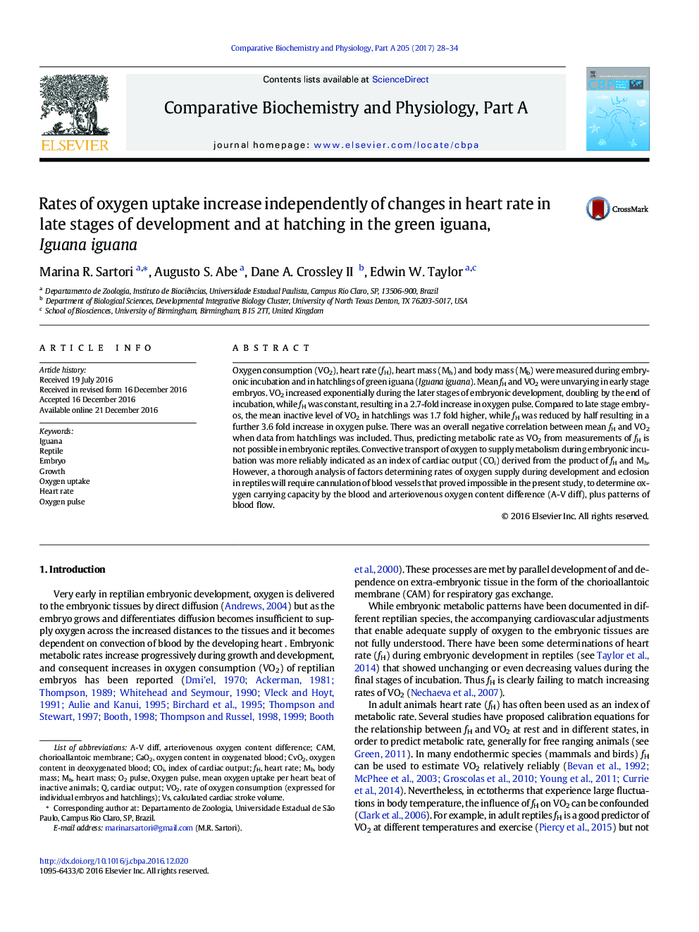 Rates of oxygen uptake increase independently of changes in heart rate in late stages of development and at hatching in the green iguana, Iguana iguana