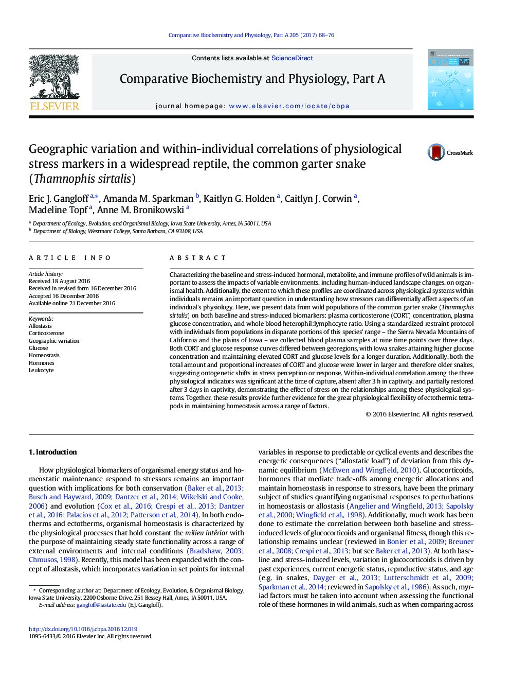 Geographic variation and within-individual correlations of physiological stress markers in a widespread reptile, the common garter snake (Thamnophis sirtalis)