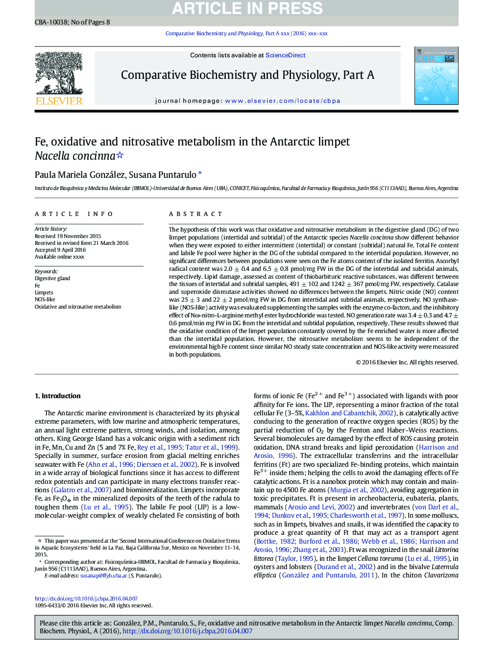 Fe, oxidative and nitrosative metabolism in the Antarctic limpet Nacella concinna