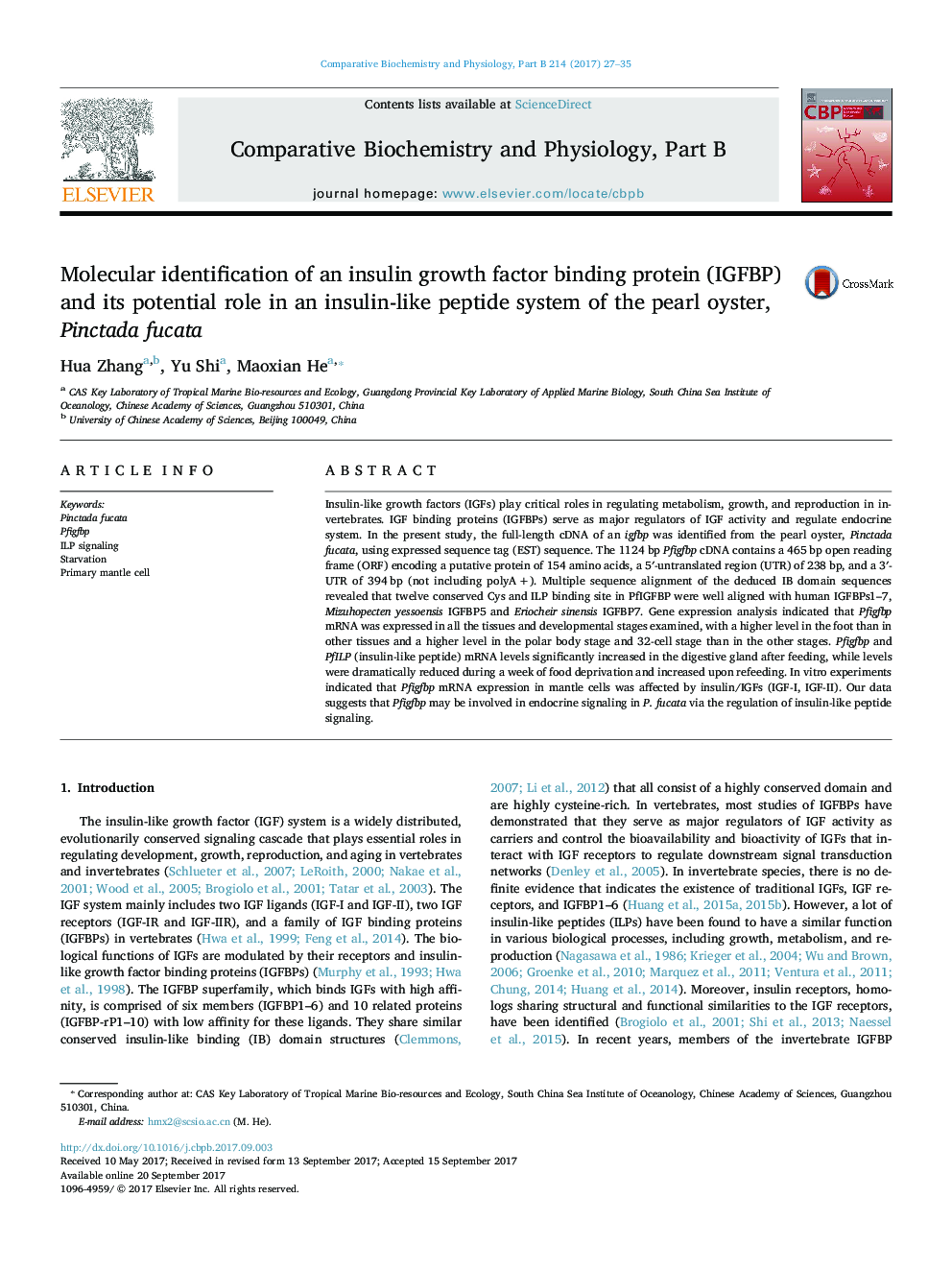 Molecular identification of an insulin growth factor binding protein (IGFBP) and its potential role in an insulin-like peptide system of the pearl oyster, Pinctada fucata