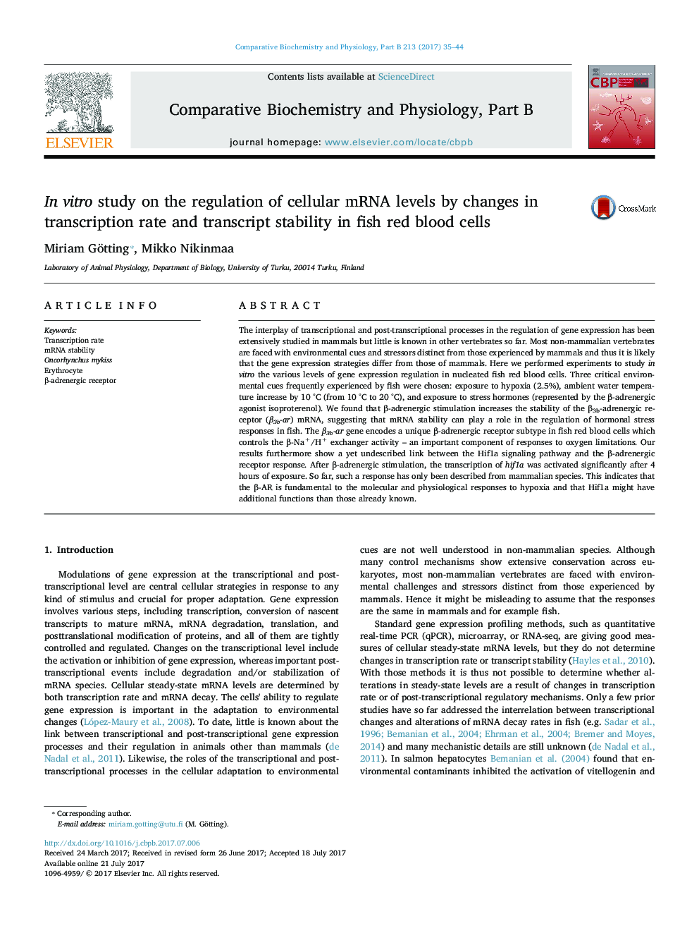 In vitro study on the regulation of cellular mRNA levels by changes in transcription rate and transcript stability in fish red blood cells