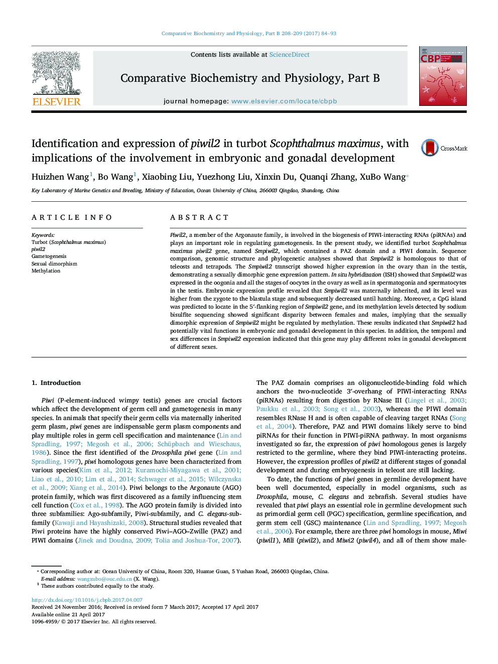 Identification and expression of piwil2 in turbot Scophthalmus maximus, with implications of the involvement in embryonic and gonadal development