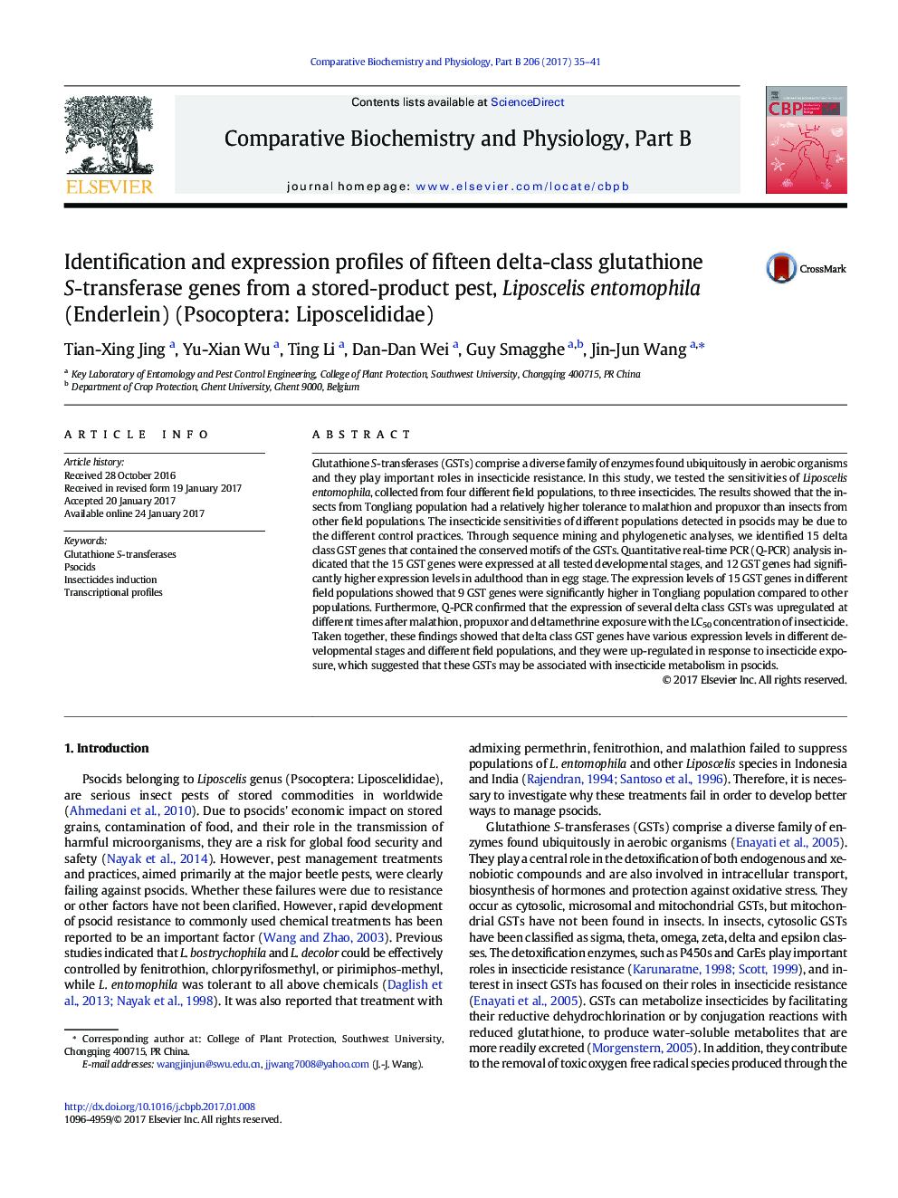 Identification and expression profiles of fifteen delta-class glutathione S-transferase genes from a stored-product pest, Liposcelis entomophila (Enderlein) (Psocoptera: Liposcelididae)